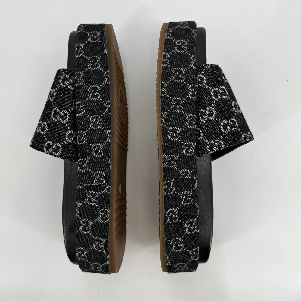 Gucci Platform Slides Womens 42/US 12 Black GG Monogram Denim Sandals Condition